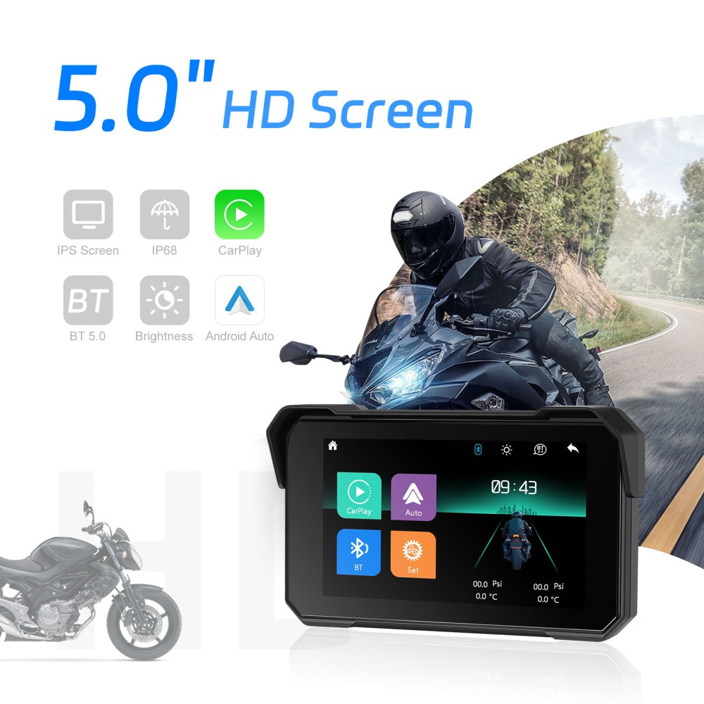 5" Wireless CarPlay Android Auto Portable Screen Waterproof Motorcycle Navigator