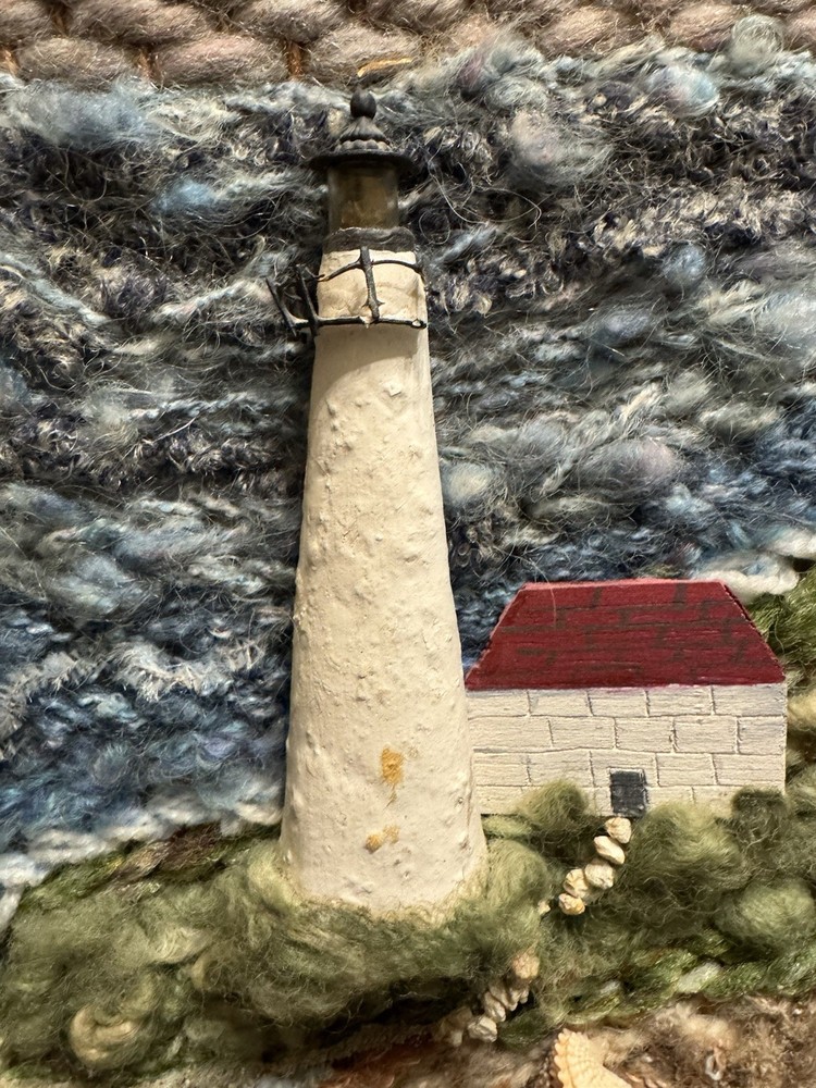 Vtg 80s Lighthouse Shell Mixed Media Artwork Nautical Beach Wool Yarn Shell