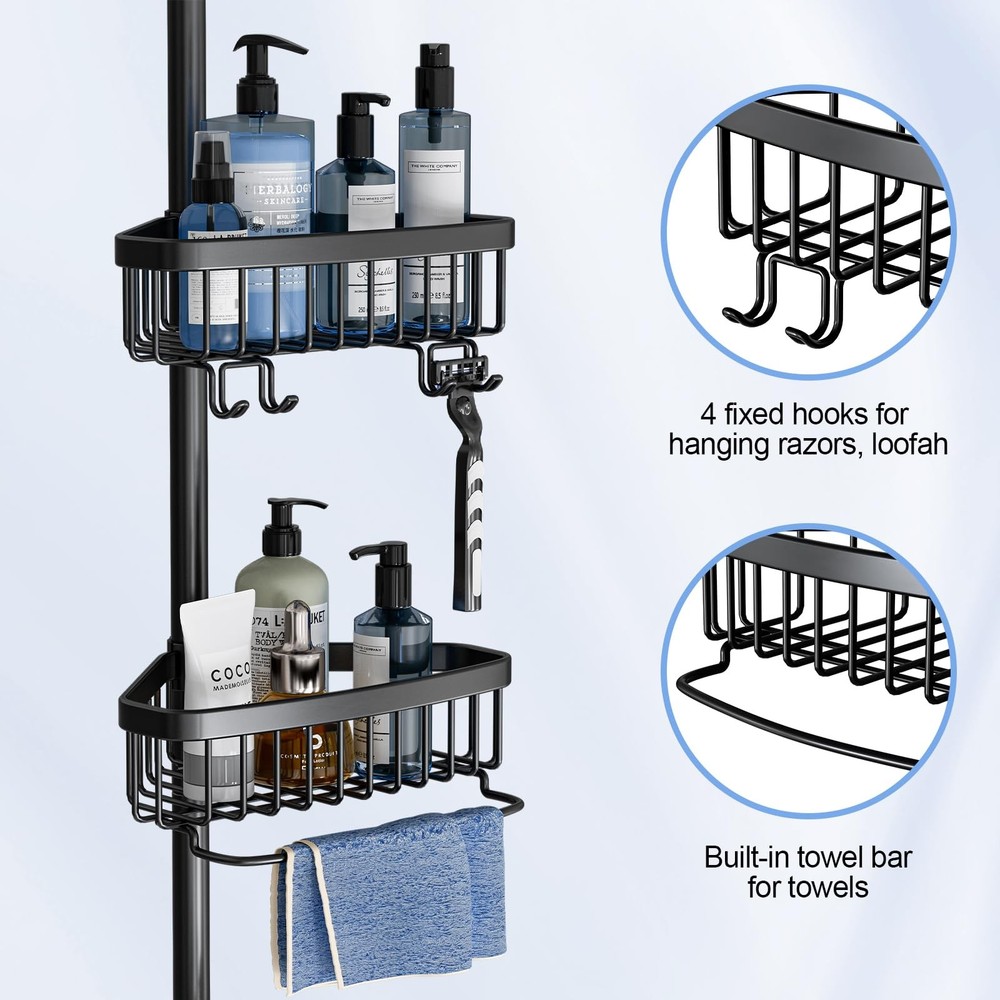 Corner Shower Caddy Tension Pole: Adjustable Rustproof 4-Tier Inside Black