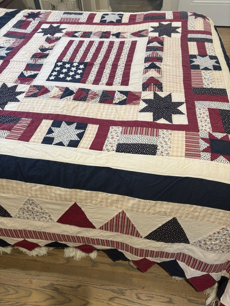 Authentic Hand & machine stitched vinyl Patchwork Queen USA Star Cotton Quilt.
