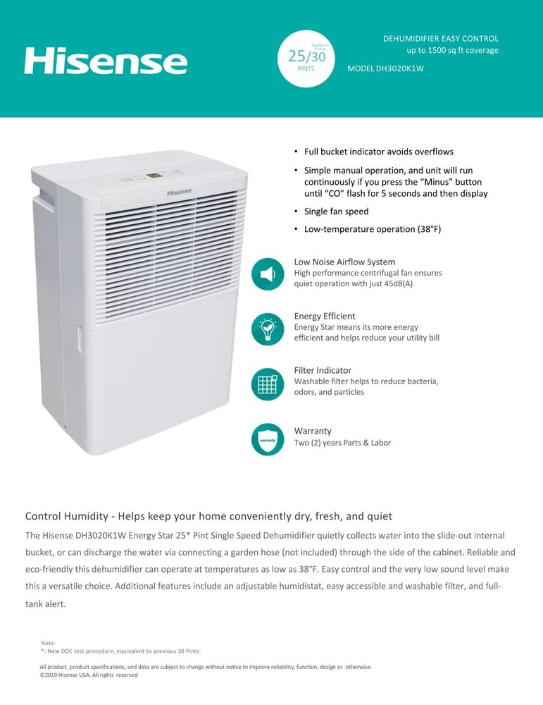 Hisense 25 Pint, 1,500 sq. ft. Coverage, Continuous Gravity Draining