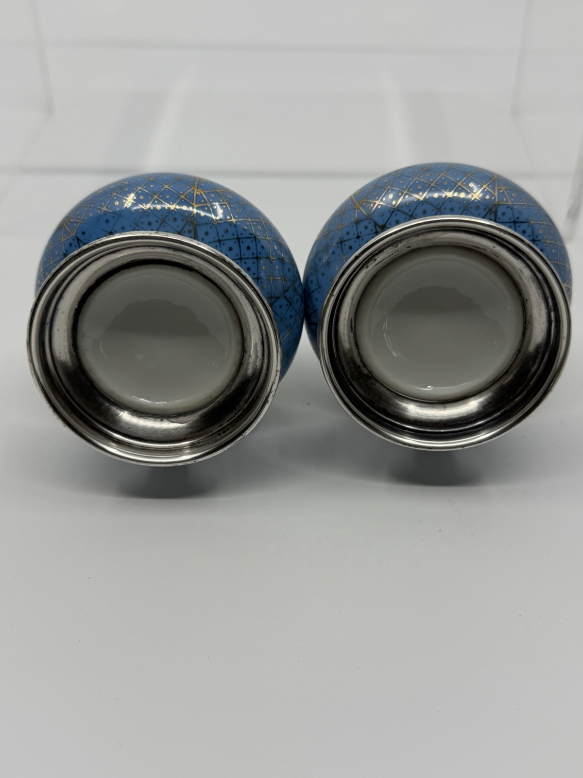 Antique Ornate Porcelain China Salt And Pepper Shakers Sterling Silver