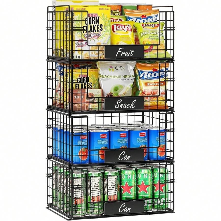 4 Pack Stackable Black Wire Baskets with Handles for Pantry Storage
