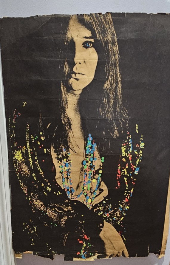 Vintage Janis Joplin Black & White Poster Altered Hand Painted Blacklight Paint