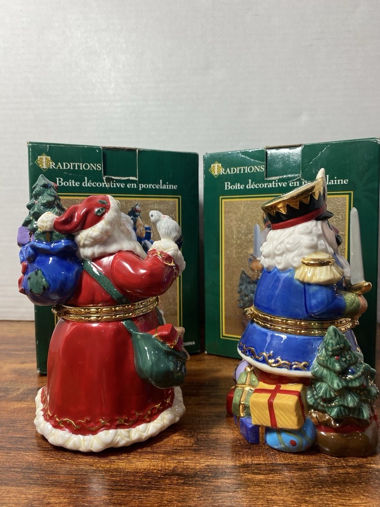 2 Traditions Porcelain Decorative Keepsake Box Hand Painted Santa & Nutcracker