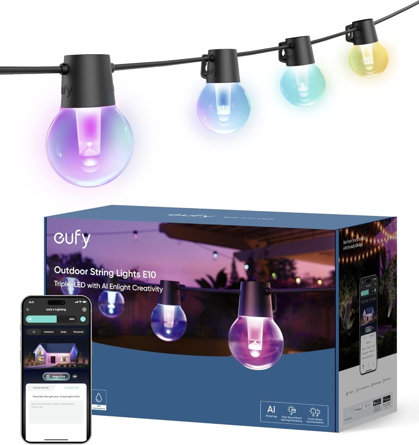 eufy Outdoor String Lights E10 96ft 30 Smart RGBWW LED Bulb IP65 Christmas Party