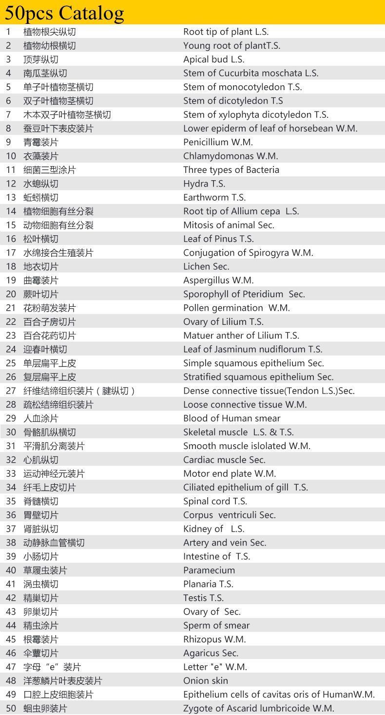 50pcs Glass Prepared Microscope Slides Biological Microscope Specimen Set
