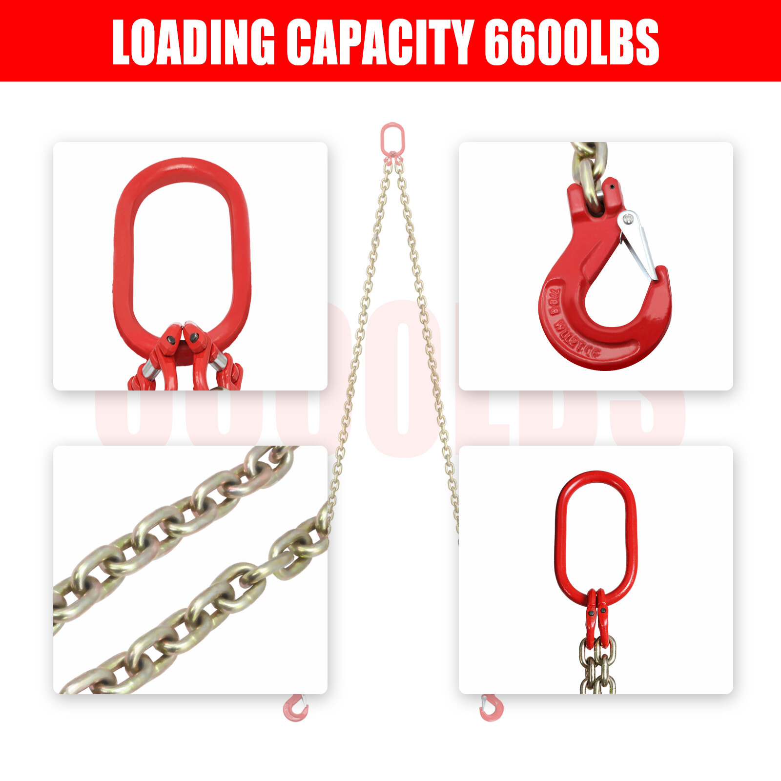 One 5/16"x6' G80 Chain Lifting Sling w/2 Legs 3T/6600lbs Capacity w/ Grab HooK