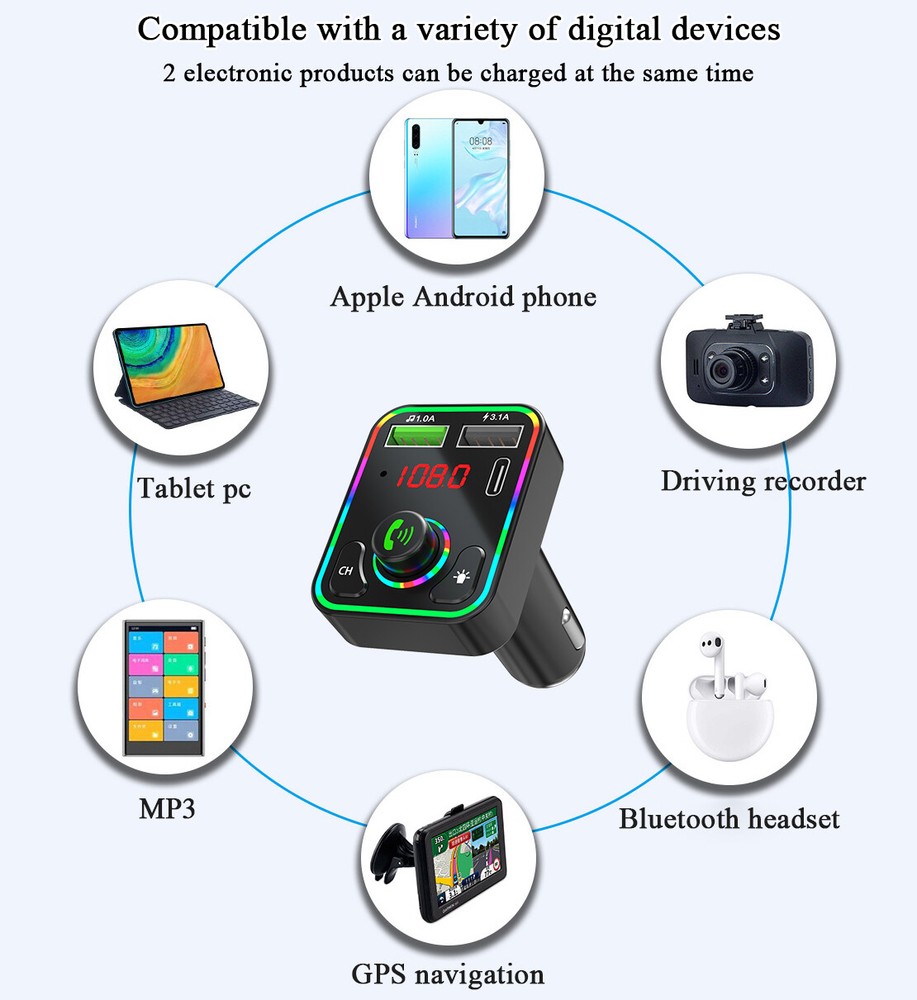 Bluetooth 5.0 Car Wireless FM Transmitter Adapter 2-USB PD Charger Colorful LED
