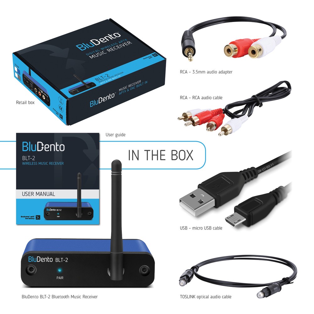 BluDento BLT-2 aptX HD AAC Bluetooth Audio Receiver With RCA OPT. COAX Outputs
