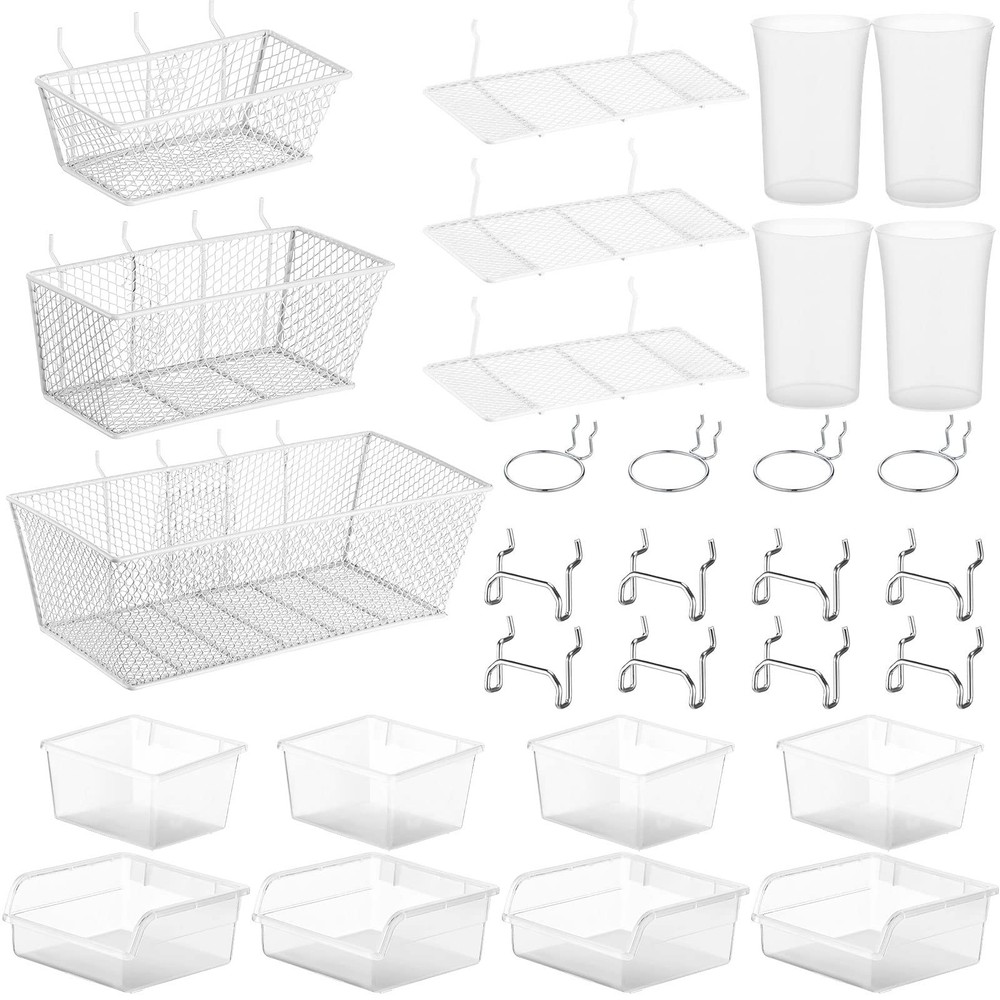 30 PCS Pegboard Organizer Accessory Kit Shelf Basket Bin Hook Loop Clear Silver