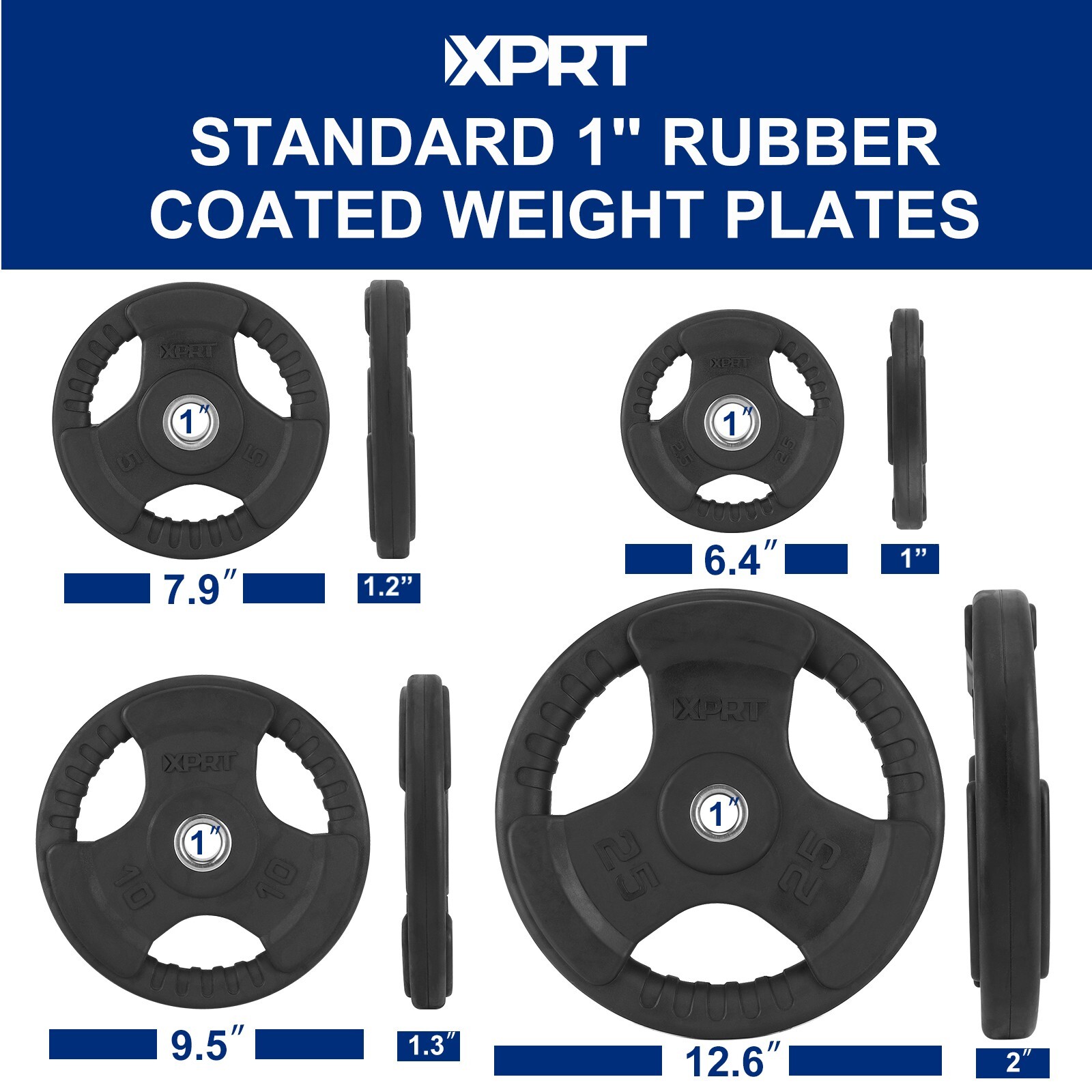 XPRT Fitness Standard Weight Plates 2.5-45lb Rubber Coated Triple-Grip Home Gym