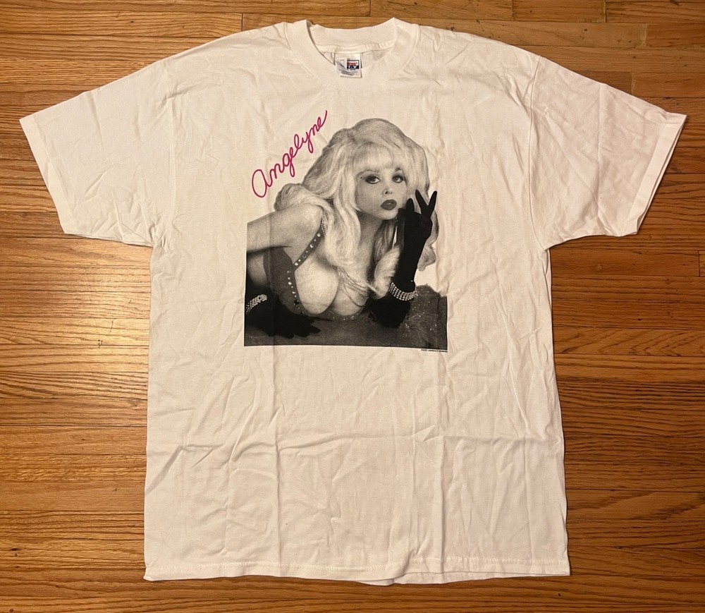ANGELYNE 1984-85 Fan Club T-Shirt Don't Panic Hollywood Cheesecake XL NEW WAVE