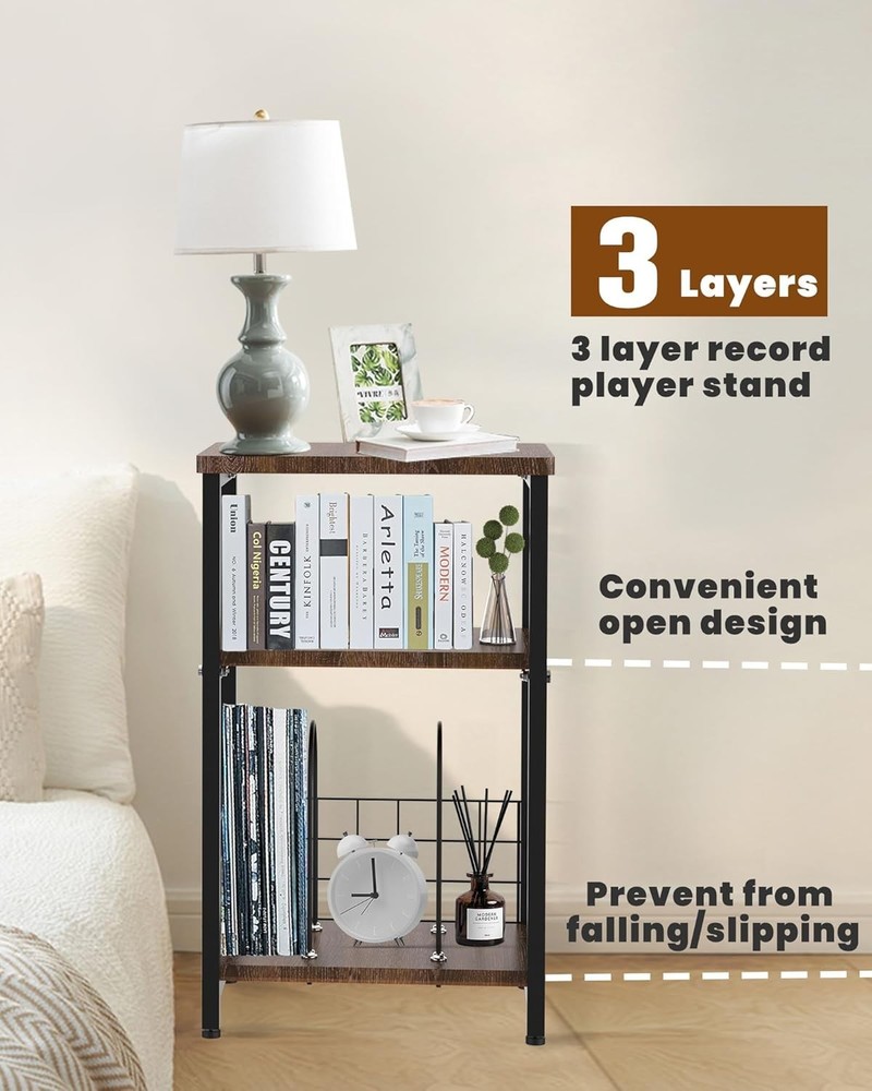 Record Player Stand, 3 Tier End Side Table with Vinyl Record Storage Basket, ..