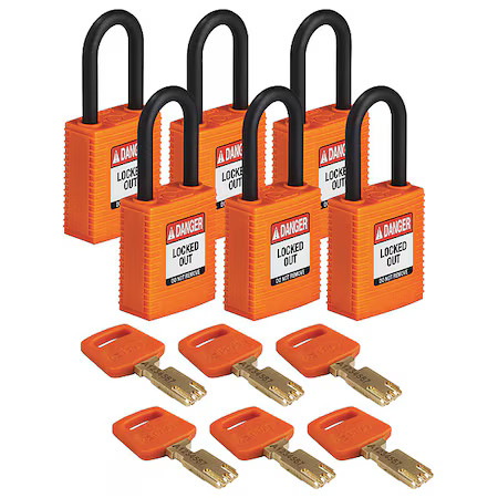 Brady Nyl-Org-38Pl-Kd6pk Lockout Padlock, Open, Rectangular Plastic Body,