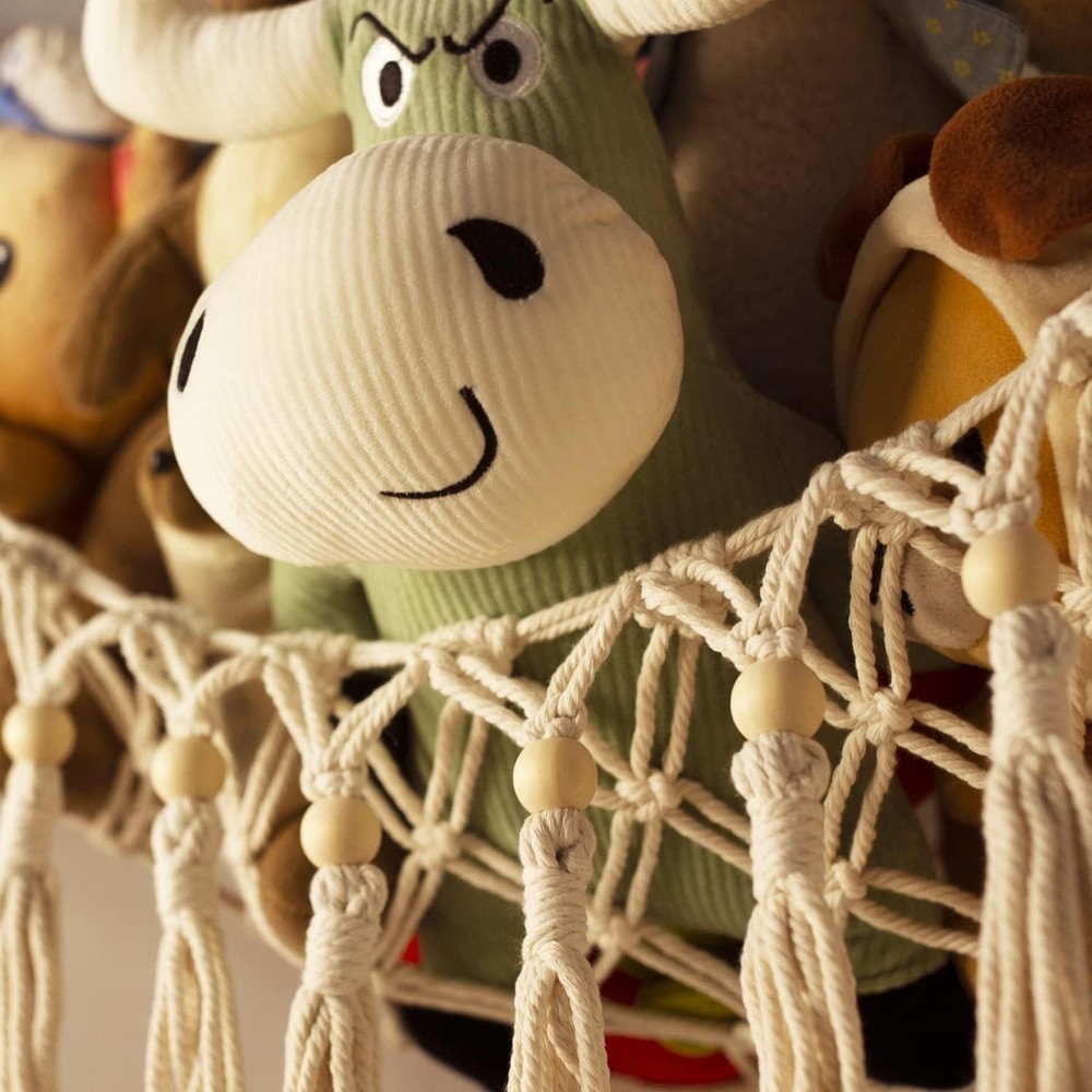 Handmade Macrame Stuffed Animal Hammock with Lights - Corner Storage Solution