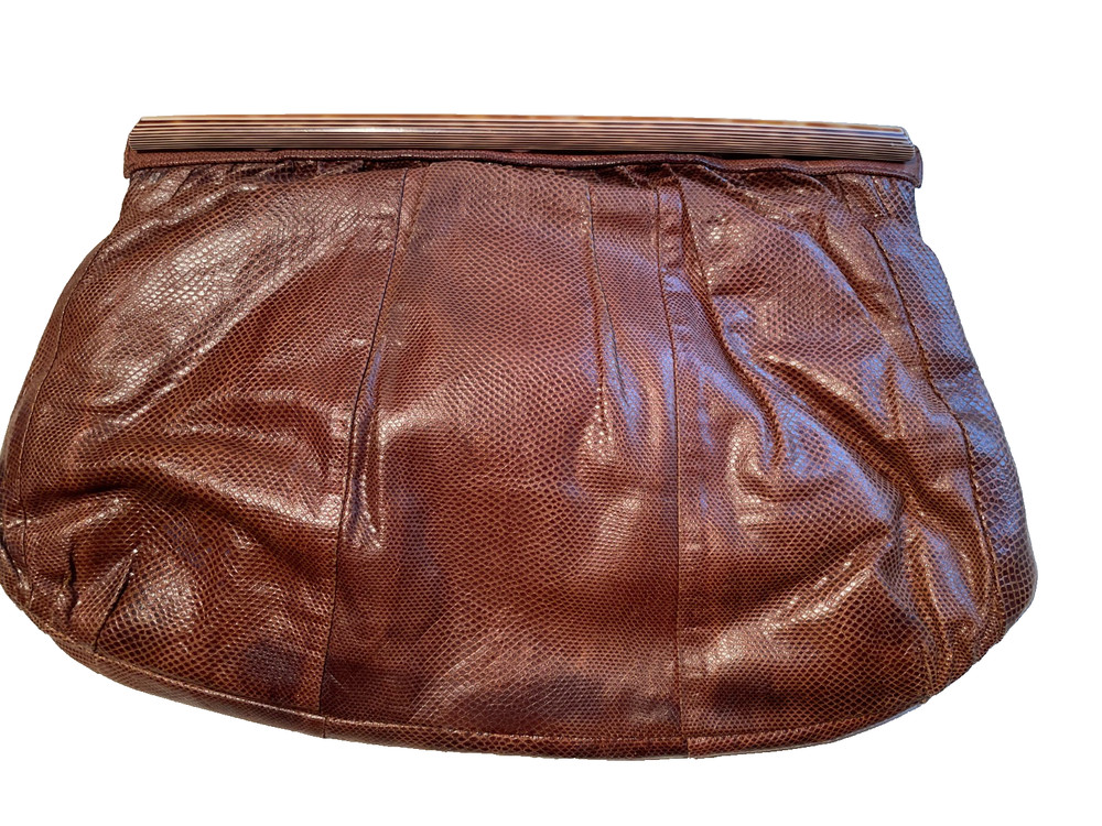 HANDBAG LIZARD CLUTCH Brown Leather Pouch Purse