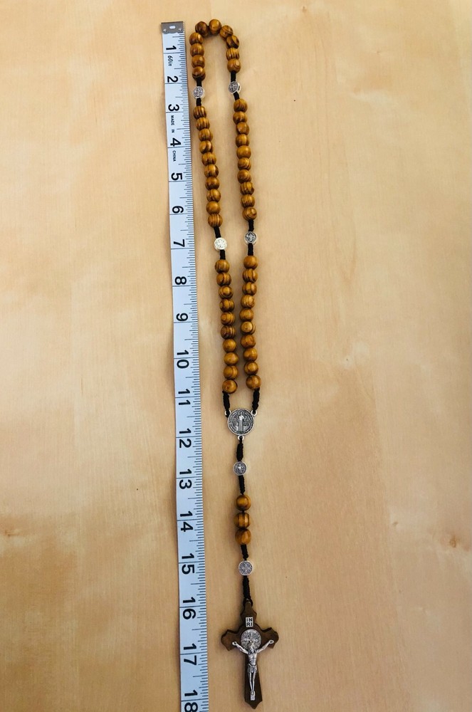 Saint Benedict Wooden Beads Rosary with INRI Crucifix & Medal Catholic Prayer 4x