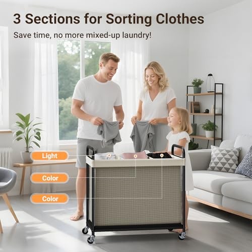 Laundry Hamper 3 Section, 120L Rolling Laundry Sorter with 3-Section Beige