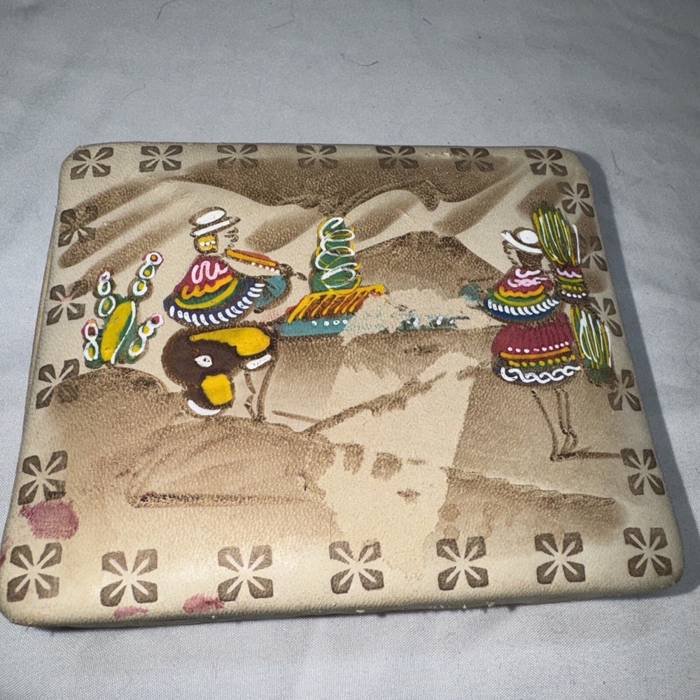 Vintage Peruvian 🇵🇪 Leather Trinket Box Hand Painted Stained