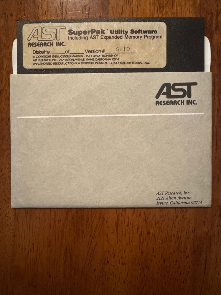 AST Research SuperPak Version 6.10 360K 5.25" Floppy