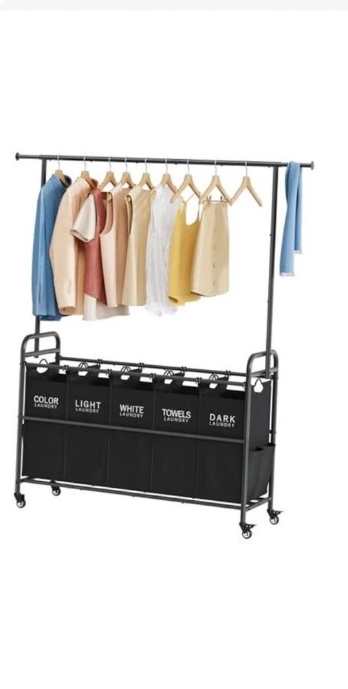 Laundry Sorter with Hanging Rack, 5 Sections Laundry Sorter with Black
