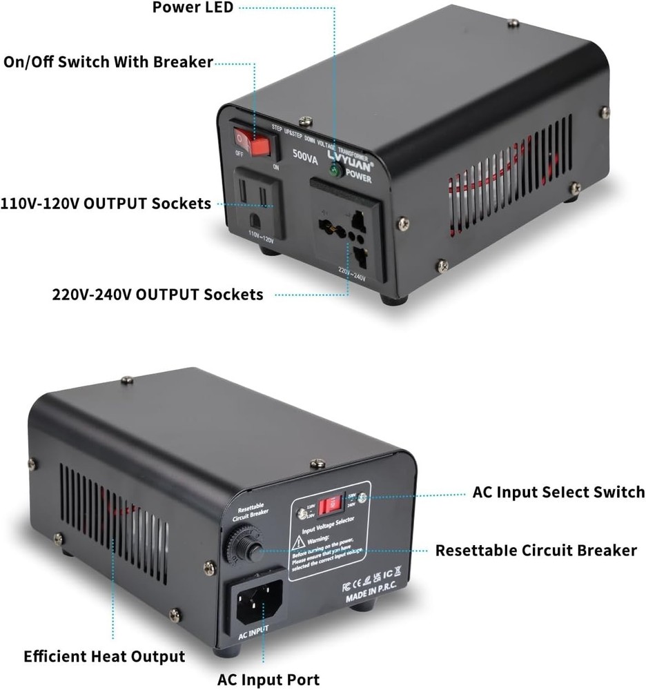 Compact 500W Voltage Converter: Step Up/Down Transformer for Low-Power Devices