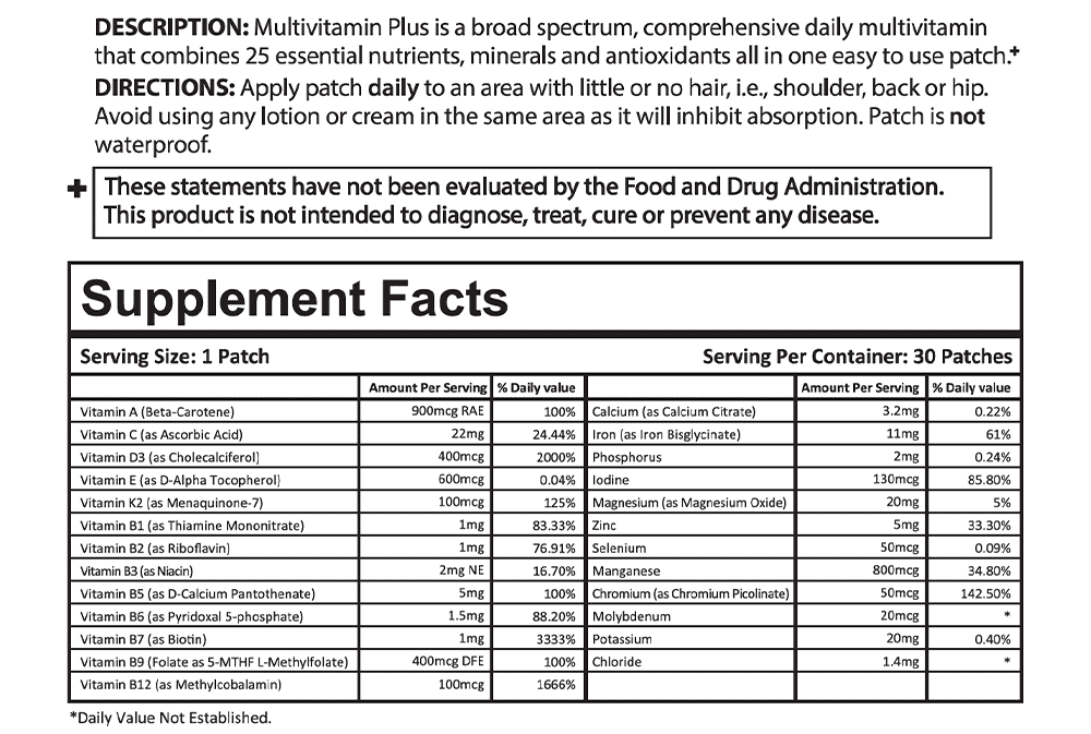 PatchMD Multivitamin Plus - Topical Patch (30 Day Supply) Vitamin Patch - MULTI