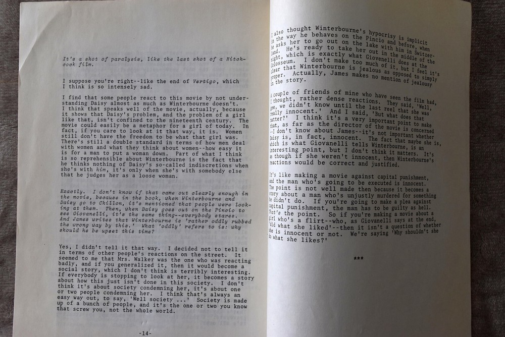 Daisy Miller " An Interview with Peter Bogdanovich " Script by Martin Rubin