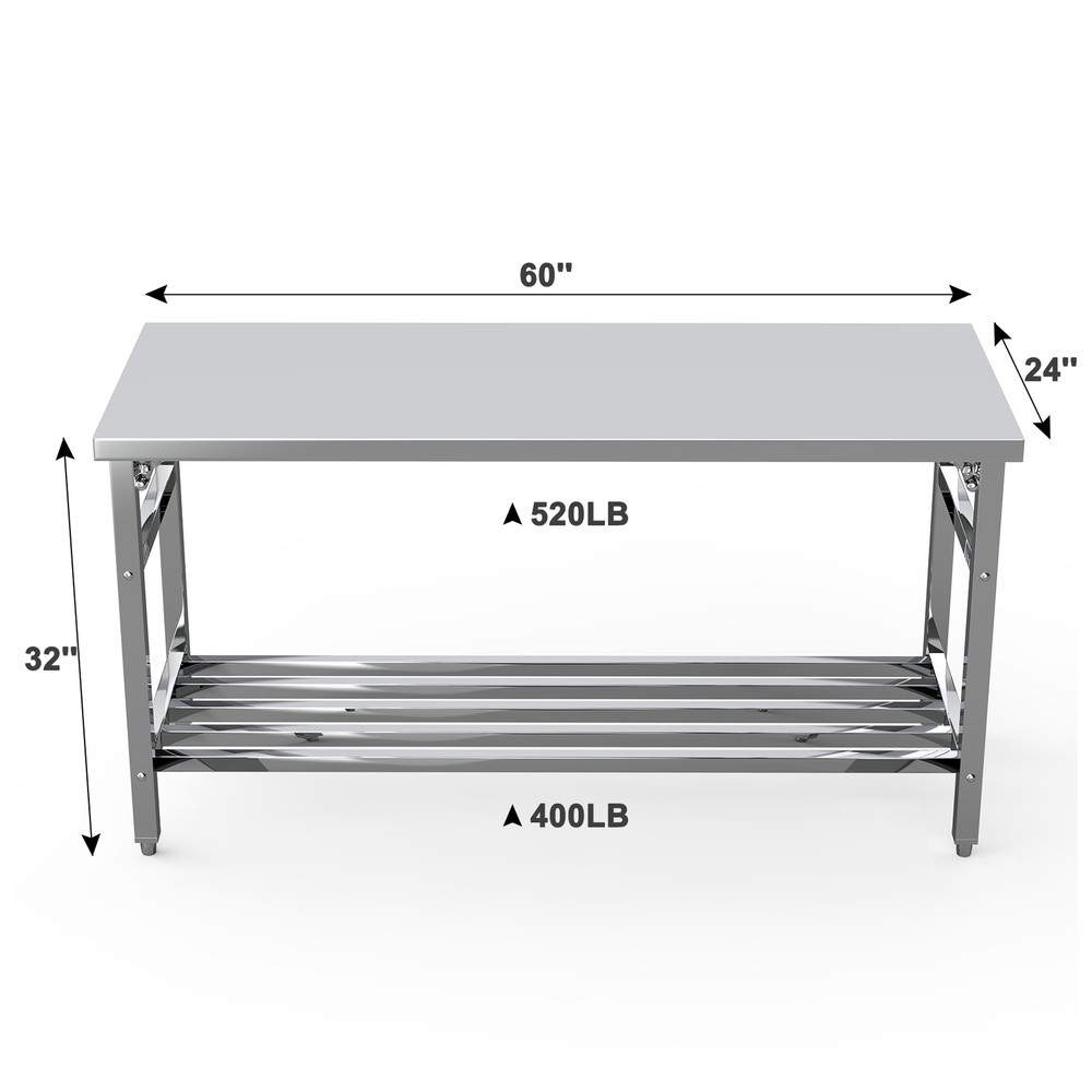 24x60in Kitchen Restaurant Work Prep Table Adjustable Undershelf Stainless Steel