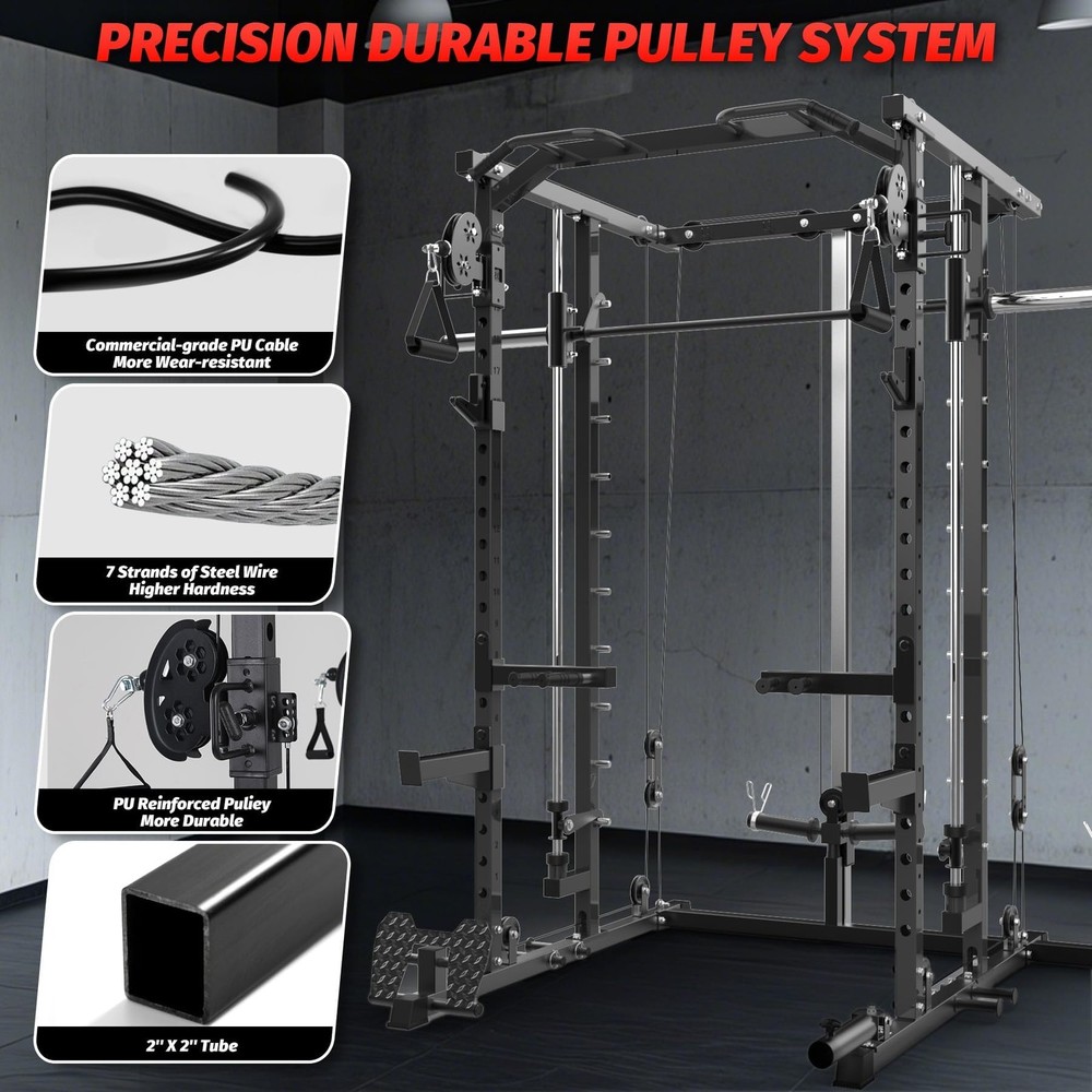 Smith Machine Power Cage Multifunctional Squat Rack with Pulley System Workout