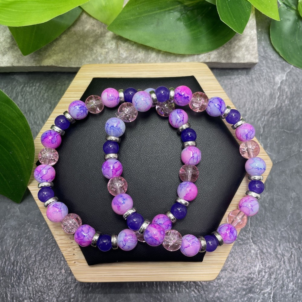 2 PC Handmade Bead Beaded Stackable 7” Plus Stretch Bracelet New C1536