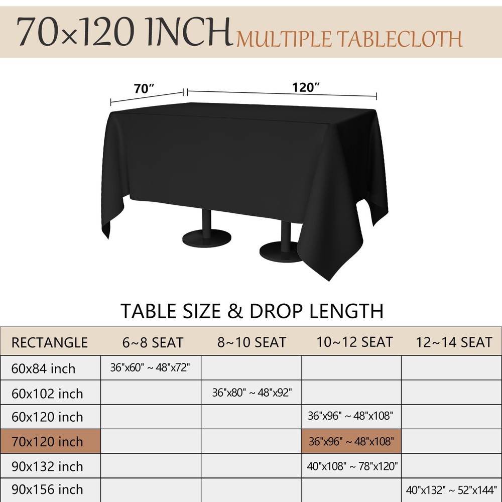 Rectangular Black Table Cloth - 6 Pack Washable Polyester Cover for Dining