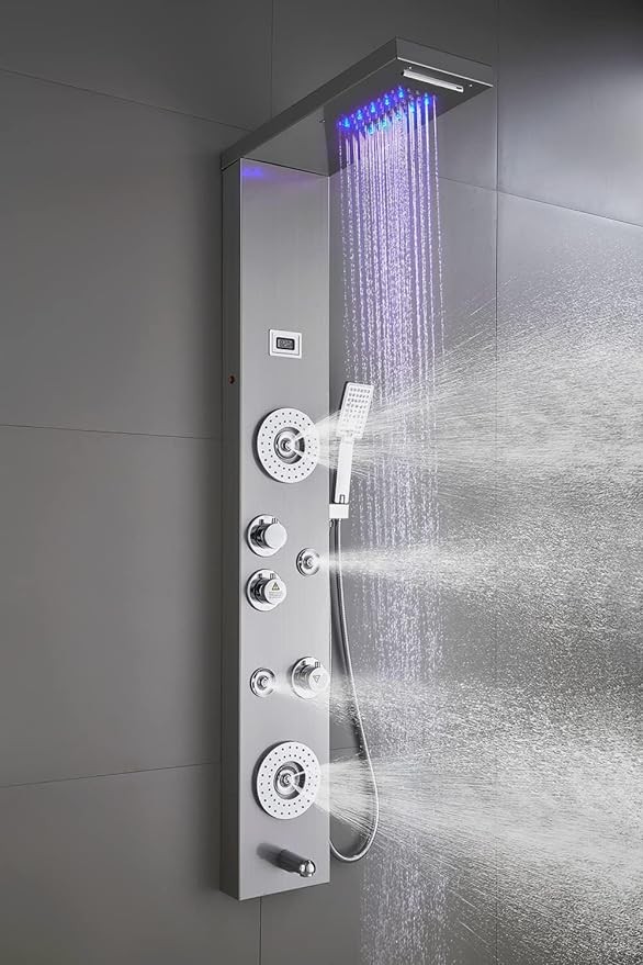 ELLO&ALLO Shower Panel Tower System LED Waterfall Massage - Brushed Nickel