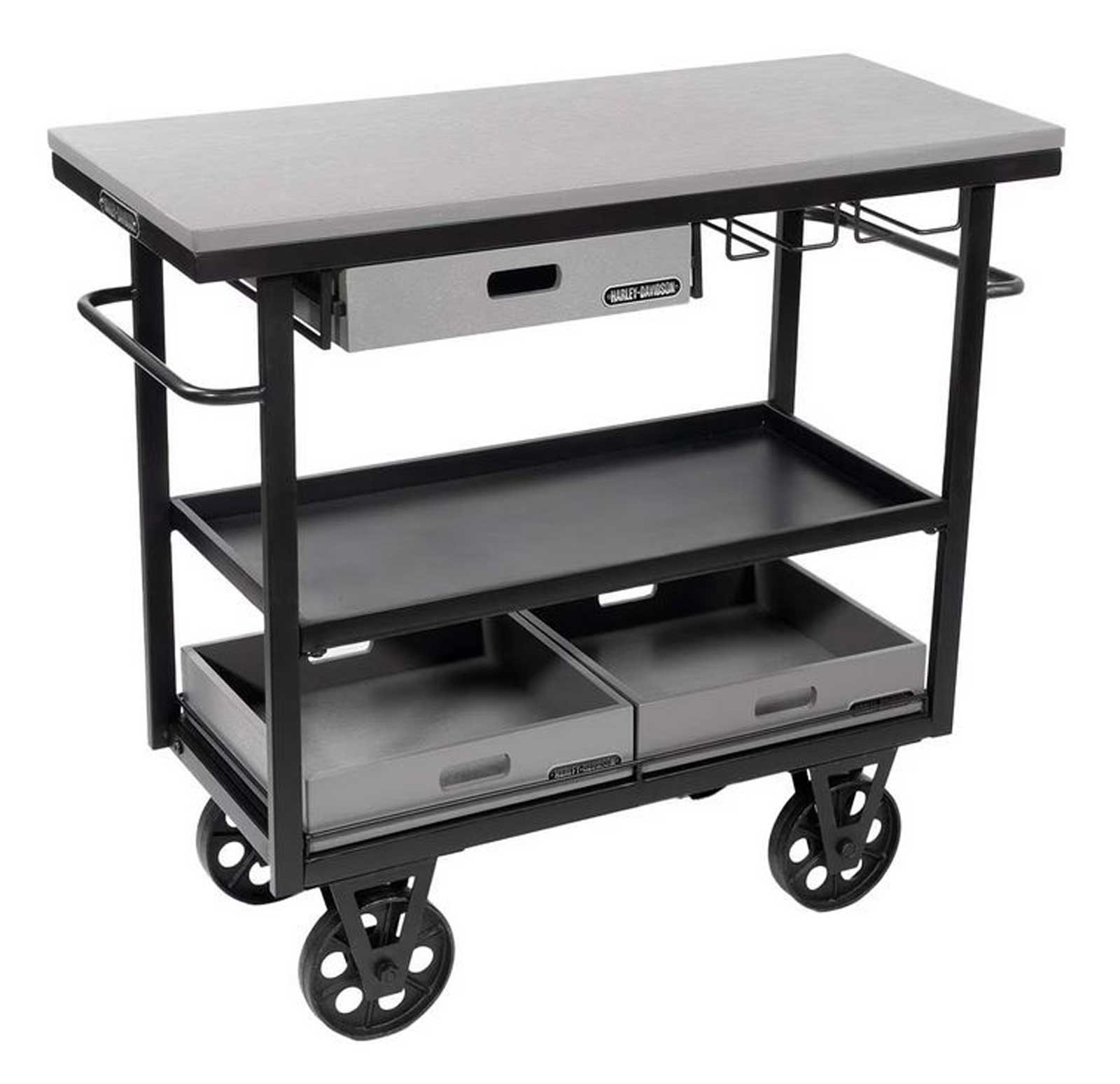 Harley-Davidson Rolling Bar Cart, Pullout Drawers & Wood Storage Bins Metal/Wood