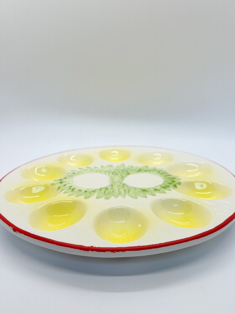 Vintage Ceramic ?Enesco Easter deviled eggs platter round, green/yellow/red 9”