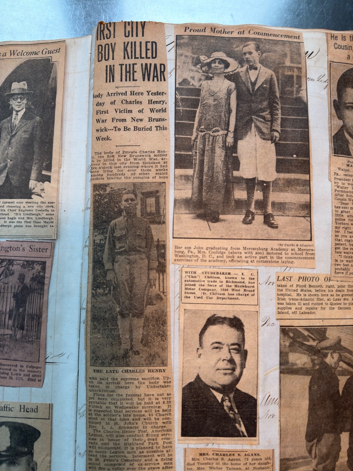 Large Newspaper Clipping Scrapbook NY/NJ 1920s-30s on 1840s Leatherbound Ledger