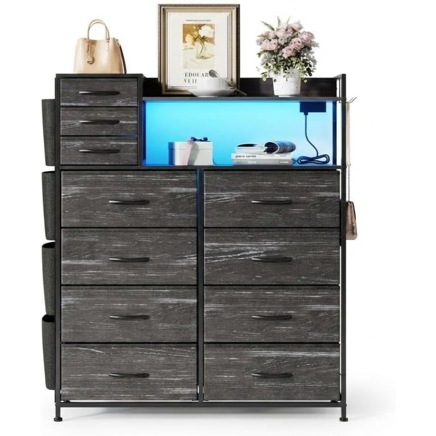 Bedroom Dresser 11 Fabric Drawers with Charging Station,LED Lights & Metal Frame