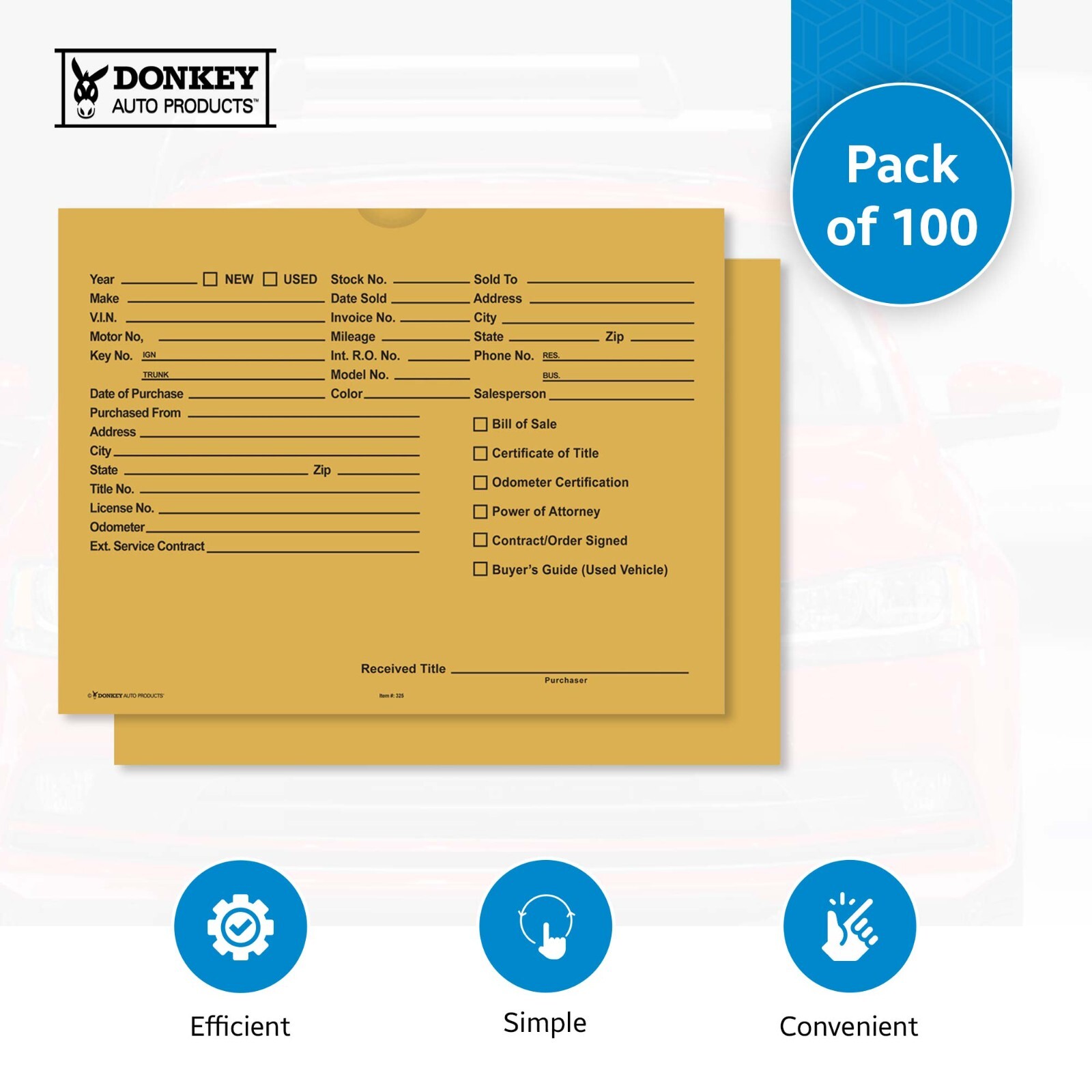 Printed 9x12 Vehicle Deal Jackets Car Dealer Envelopes (100 per pack)