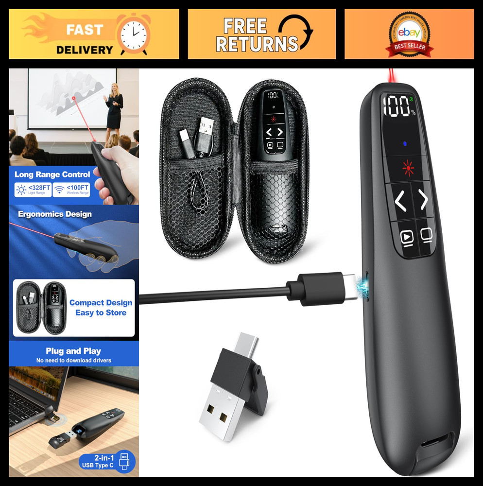 Wireless Presentation Clicker with Case, USB-C Red Laser Pointer for PowerPoint,