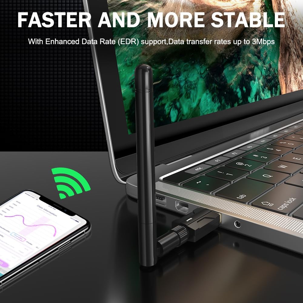 USB Bluetooth 5.1 Adapter for Desktop PC: Long Range 300FT BT, black