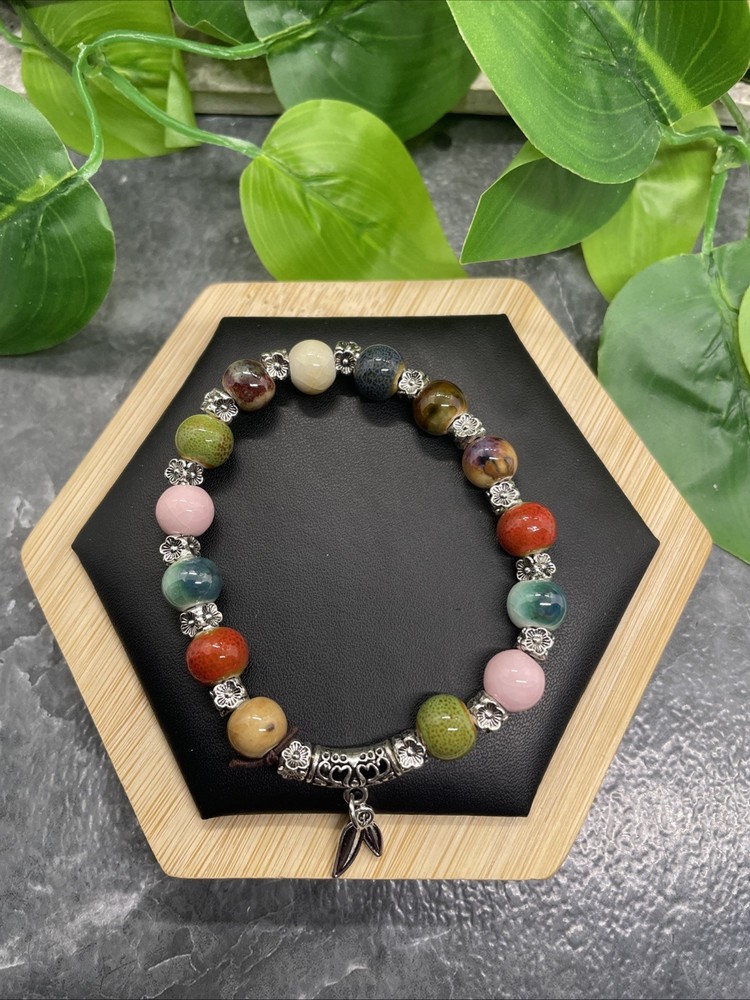 Handmade Ceramic Bead Beaded Stackable 6.5” Plus Stretch Bracelet New B221