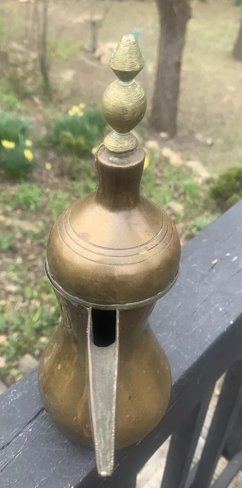 Vintage Handmade DALLAH Arabic Turkish Solid Brass Coffee Pot 10”T, Signed