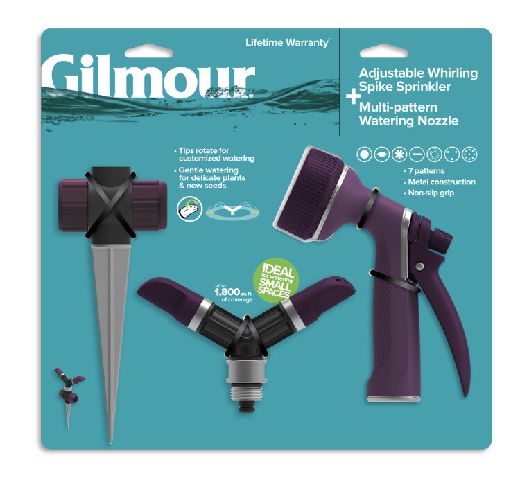 GILMOUR Adjustable Whirling Spike Sprinkler & Multi Pattern Watering Nozzle Set