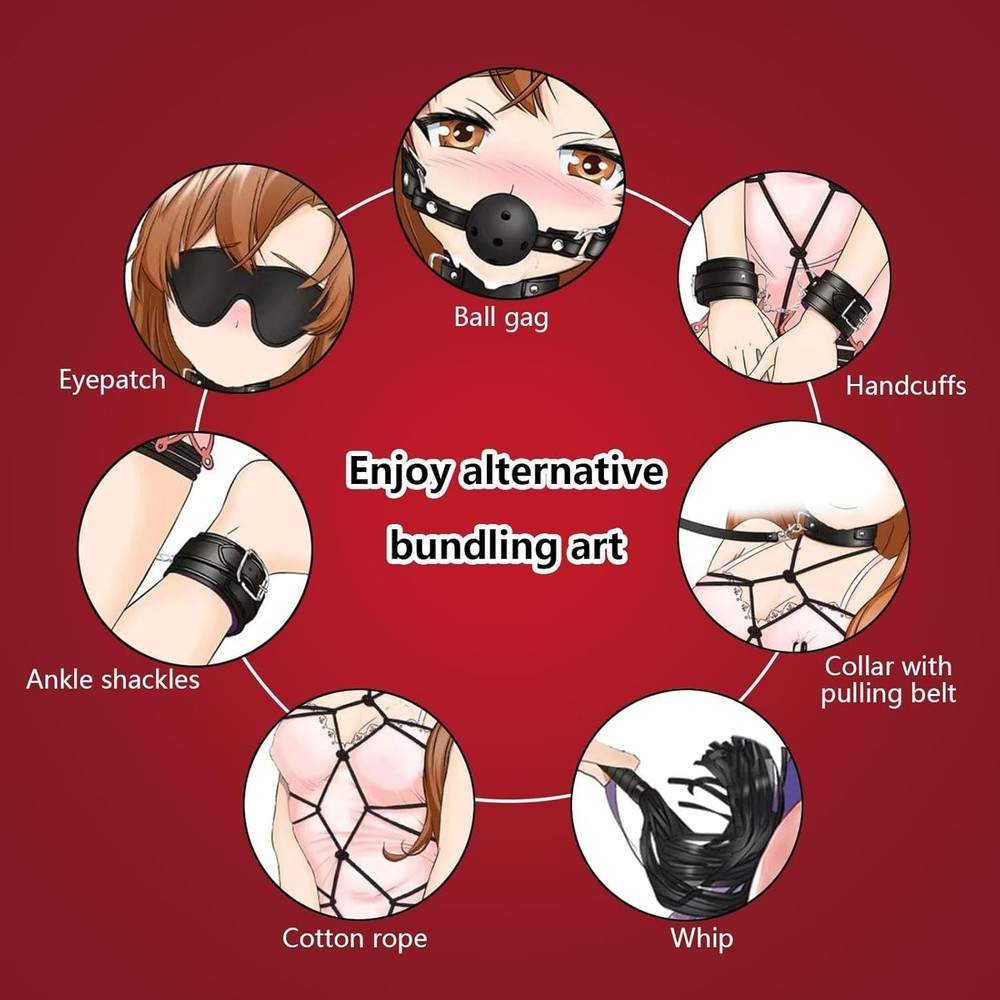 7-Pcs BDSM Kit for Beginners, Black Bondage Set for Couples with Adjustable W...
