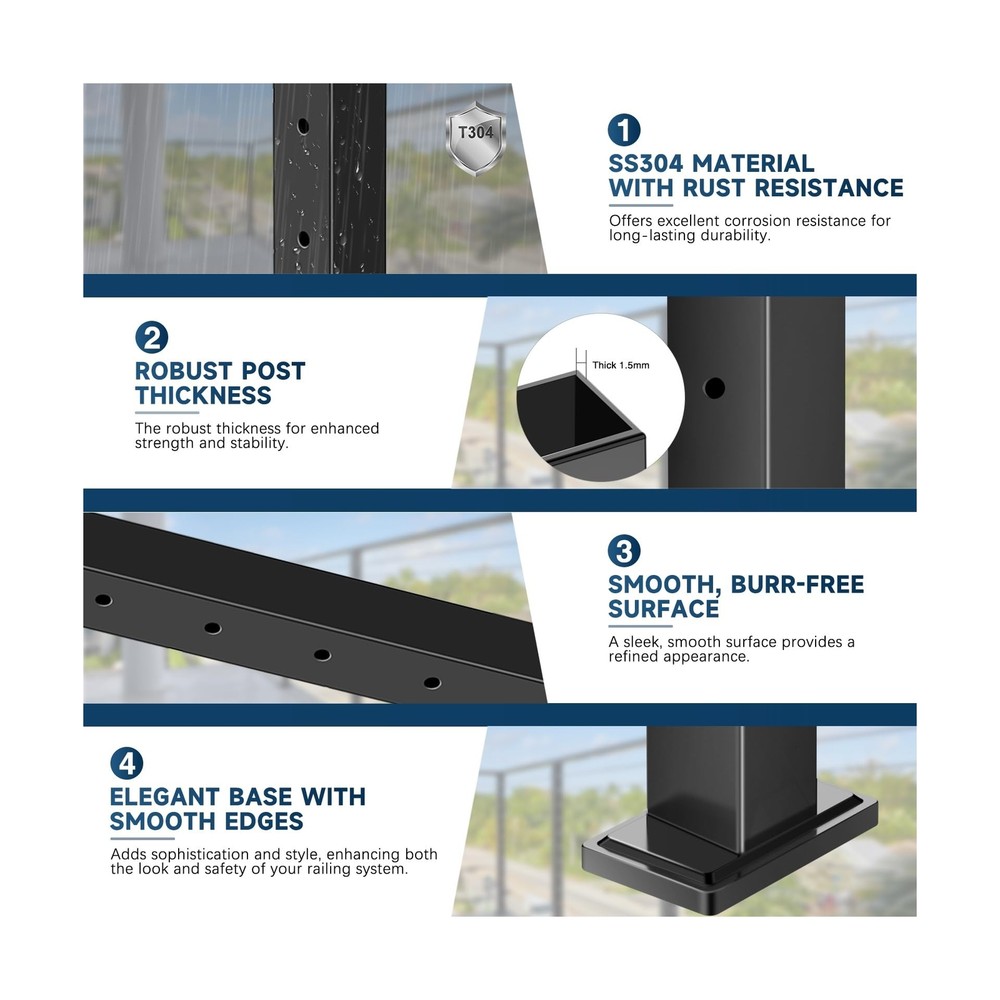 36" One-Stop Cable Railing Post Kit, 5Pack Level Drilled Line Post, Adjustabl...
