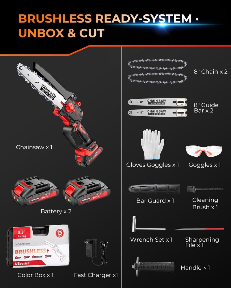 UBeesize Mini Chainsaw Cordless 8inch | Longer Runtime | Brushless Motor | Er...