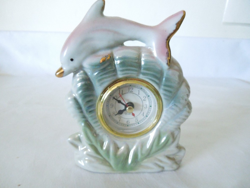Ceramic Quartz Desk Clock Dolphin Over Waves Theme 6" x 4"