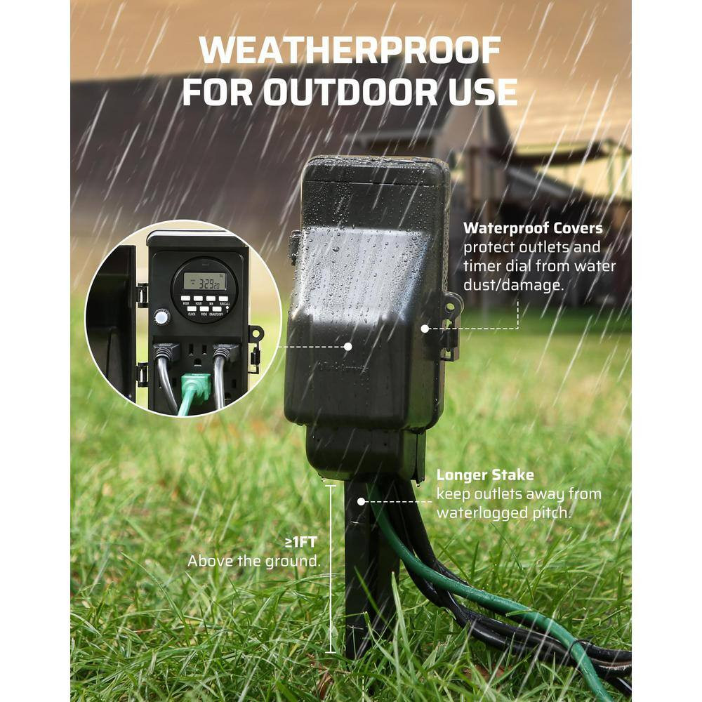15A 1440 Min. Waterproof Outdoor Digital Stake Power Strip Multi Socket Timer wi