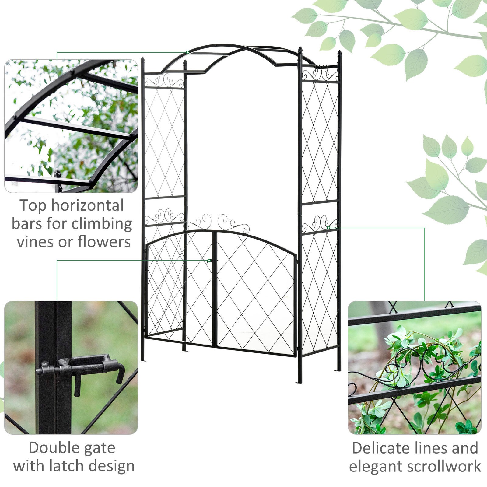 Garden Arbor Trellis with Gate Outdoor Arch Scrollwork for Climbing Plant Vines